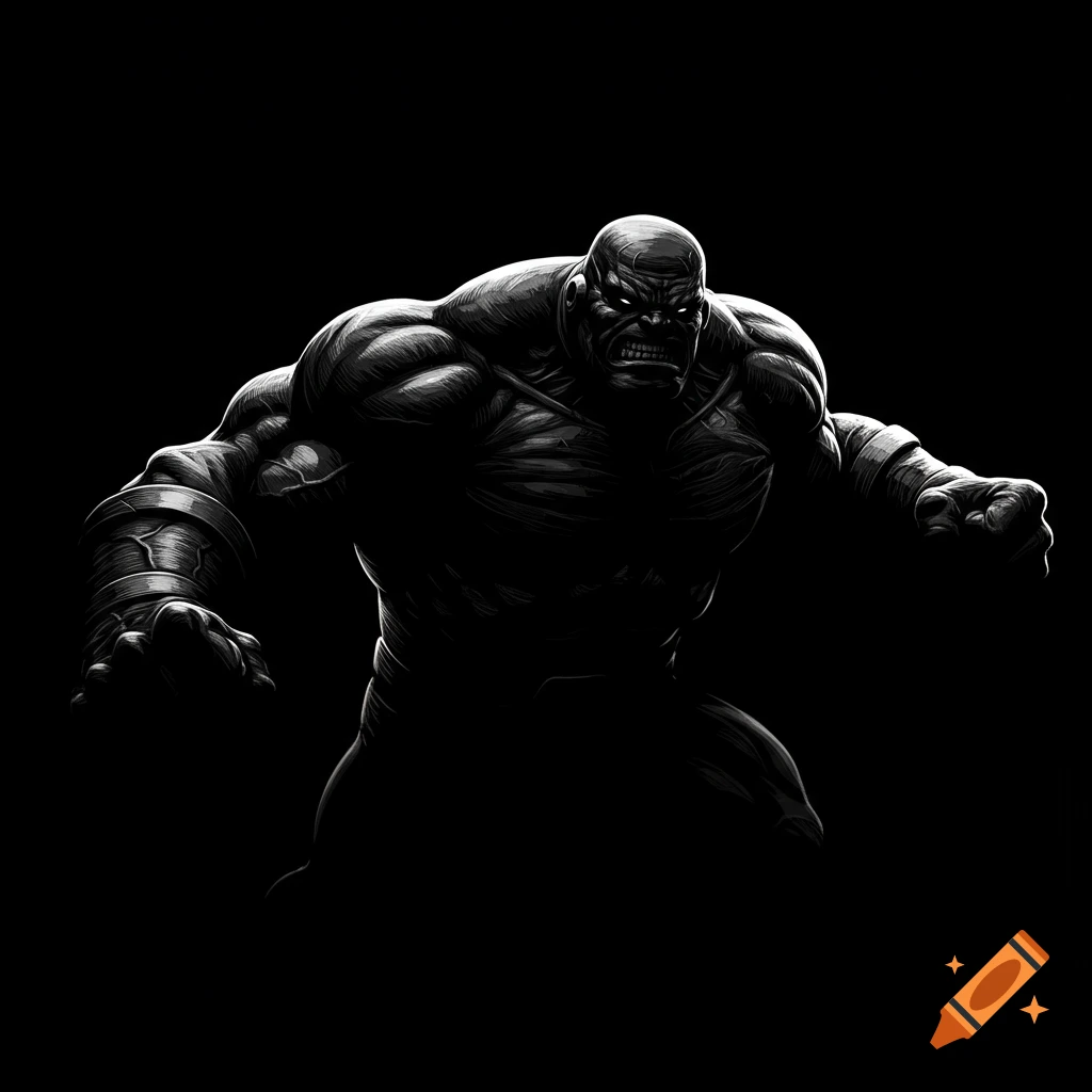Grayscale illustration of a muscular figure with glowing eyes in shadow