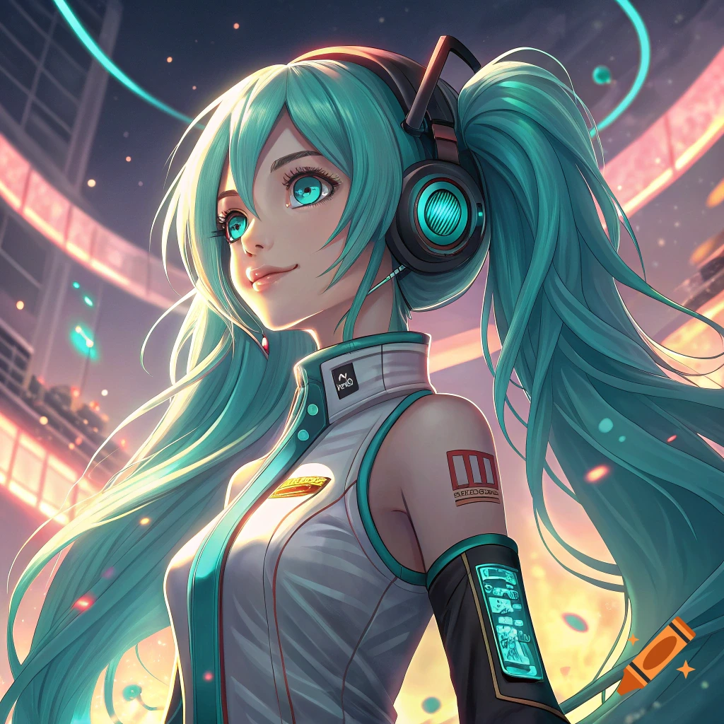 Anime character Hatsune Miku wearing headphones in a futuristic cityscape.