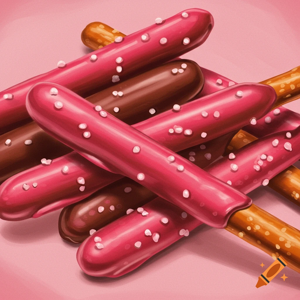 Pink and brown chocolate-covered pretzel rods with white sprinkles.