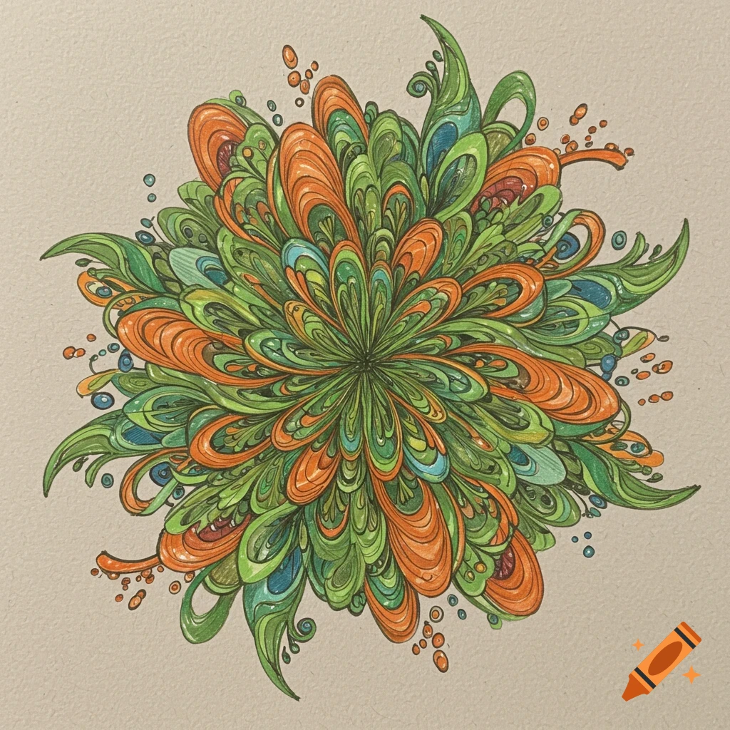 Detailed organic radial design drawn with colored pencil.