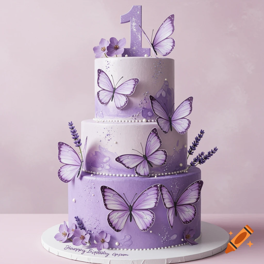 Three-tiered purple birthday cake with butterfly decorations and the number 1.