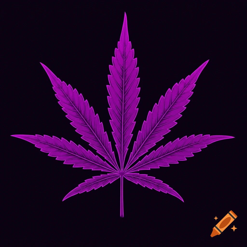 A neon purple cannabis leaf on a black background.