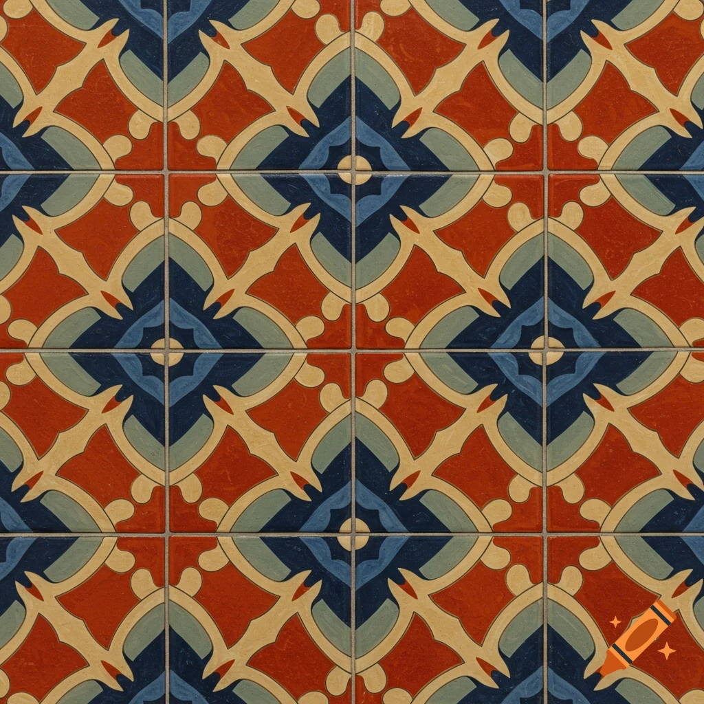 Seamless pattern of red, blue, and yellow geometric tiles.