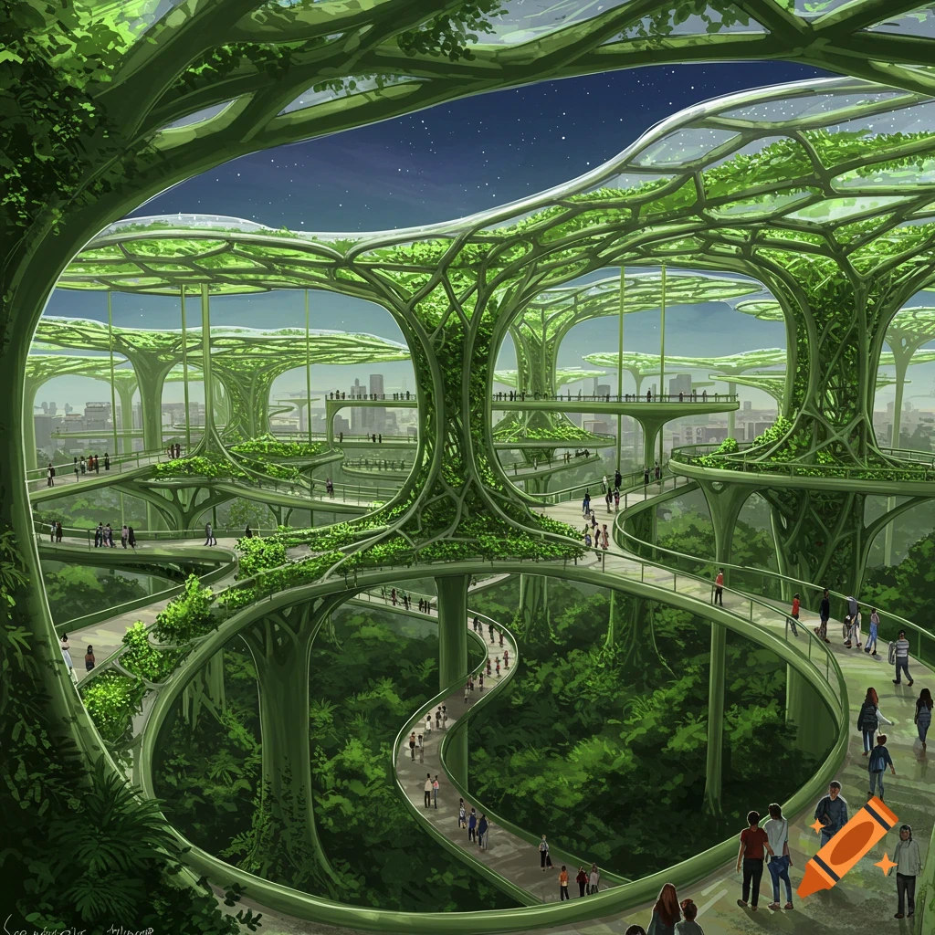 A futuristic green city is depicted with elevated tree-like structures, walkways, and people.