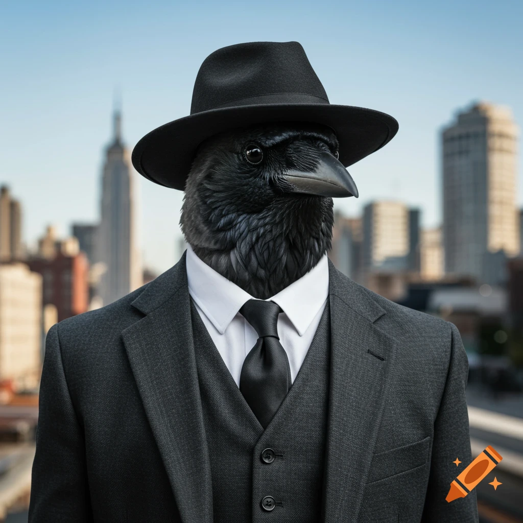 A crow wearing a suit, vest, tie, and fedora stands in front of a city skyline.
