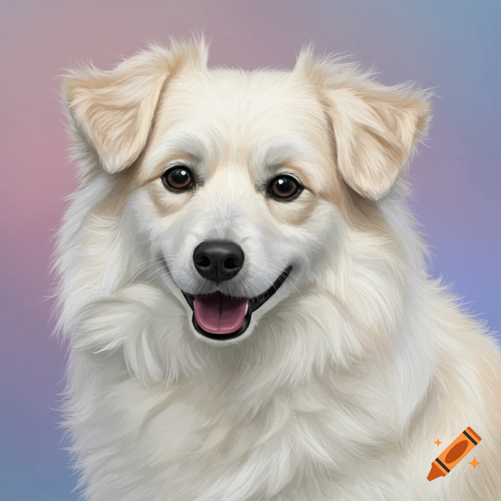 A fluffy white dog is smiling.