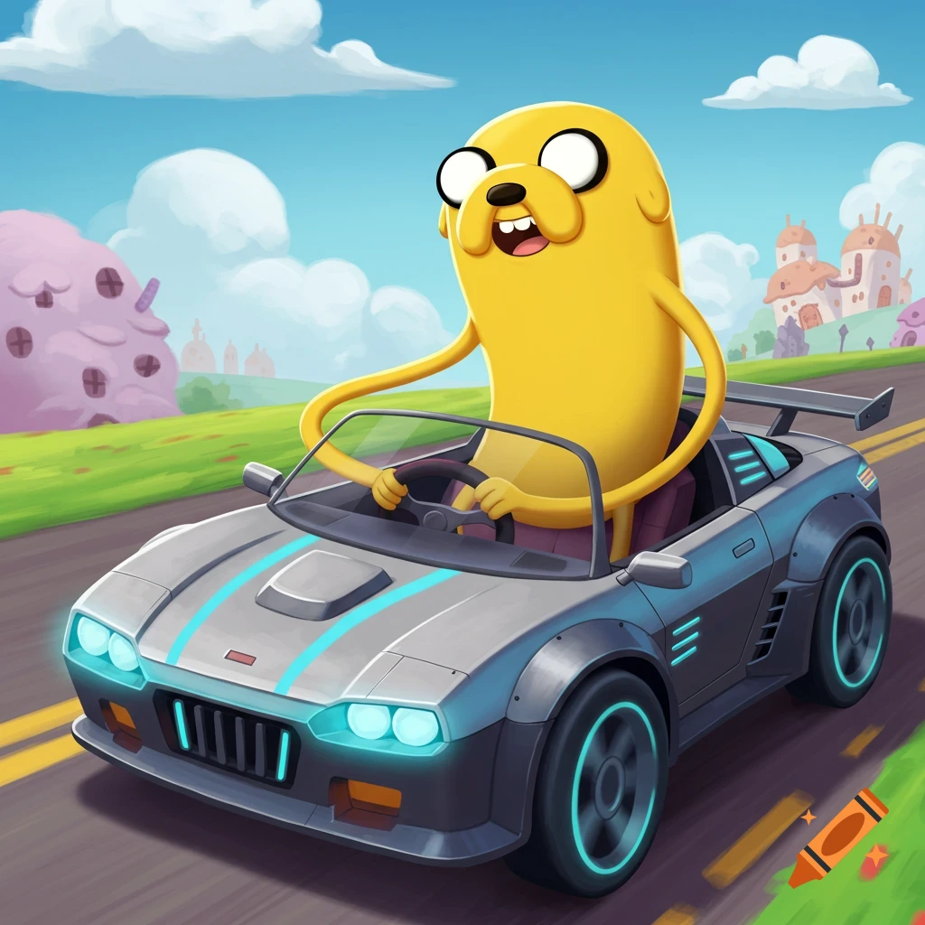 Jake the dog driving a blue sports car on a road past the Candy Kingdom in a cartoon style.