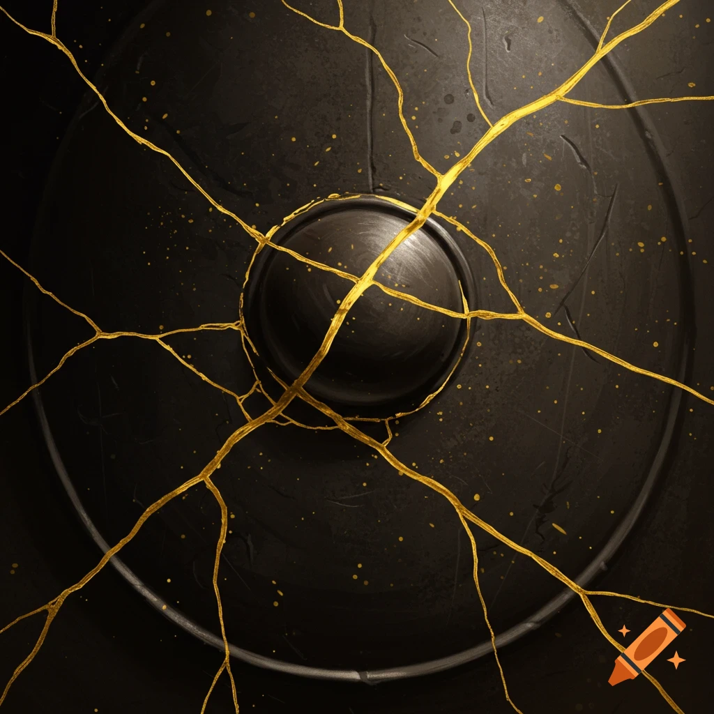 A dark shield with gold Kintsugi cracks and speckles.