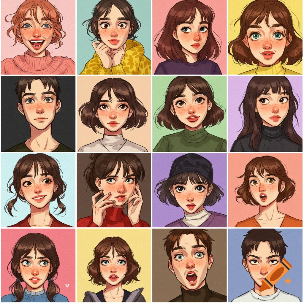 Grid of cartoon portraits showing various expressive emotions.