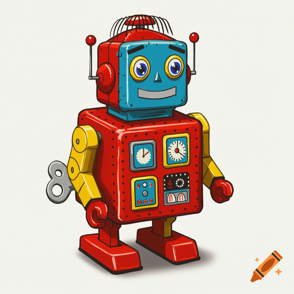 A colorful vintage wind-up toy robot on a white background.