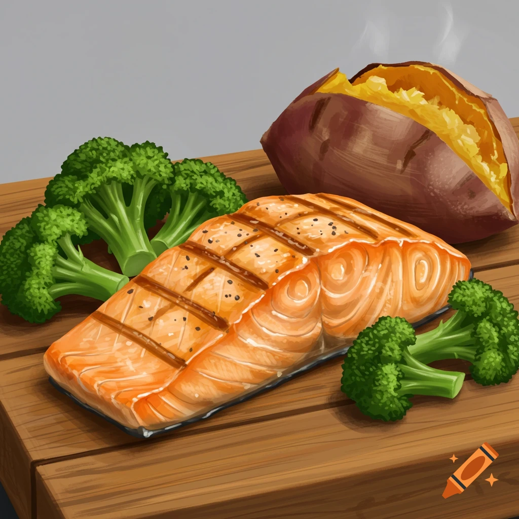 Grilled salmon, broccoli, and baked sweet potato on a wooden board.