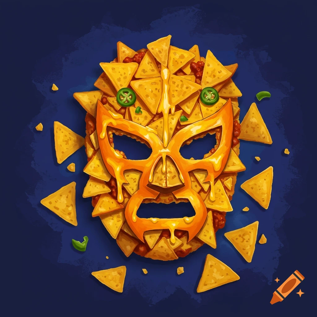 A luchador mask made of nachos, melted cheese, chili, and jalape
tildeos on a dark blue background.