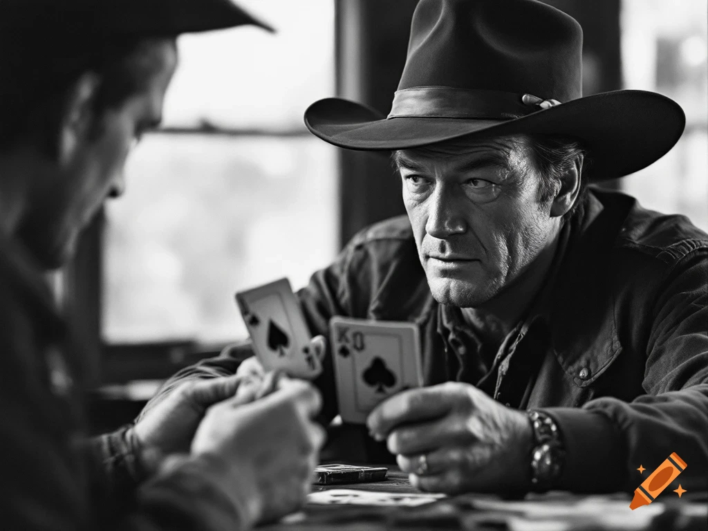 Two men wearing cowboy hats playing poker in a black and white photo.