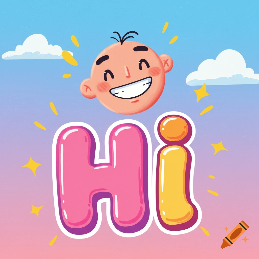 A smiling cartoon head above the large word Hi in a bright sky.