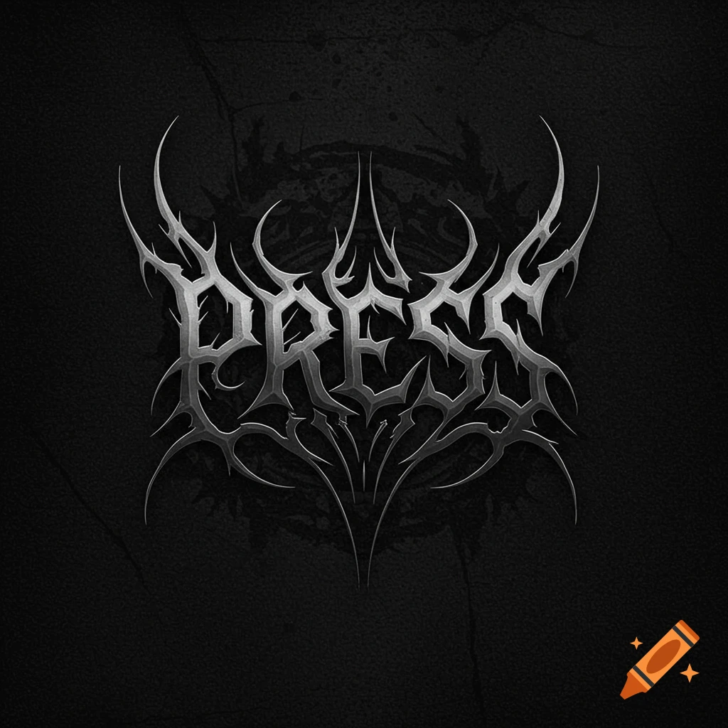 Metallic, spiky black metal logo for the word PRESS on a dark textured background.