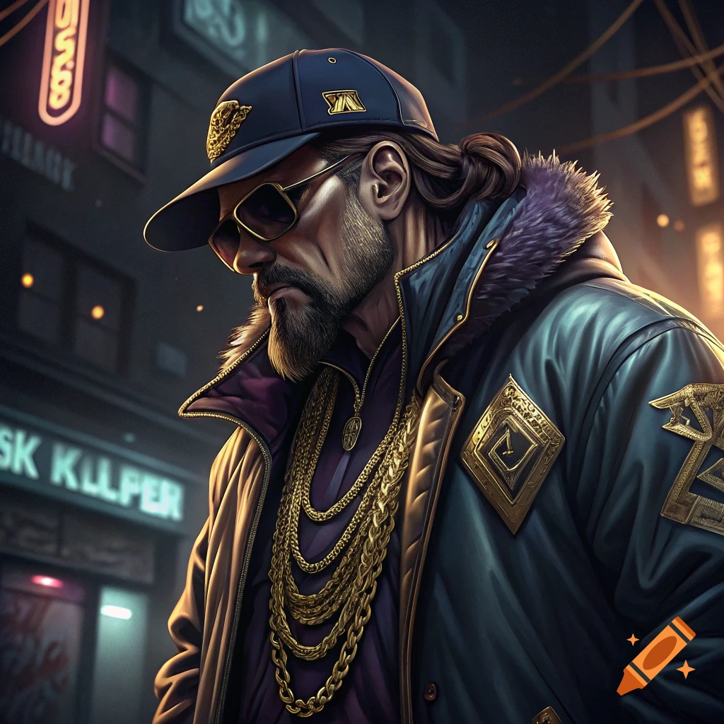 Man with beard, sunglasses, cap, gold chains, and jacket on a city street with neon lights.