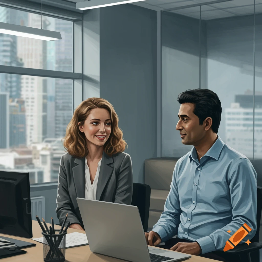 A man and woman are talking and looking at a laptop in an office with a city view.