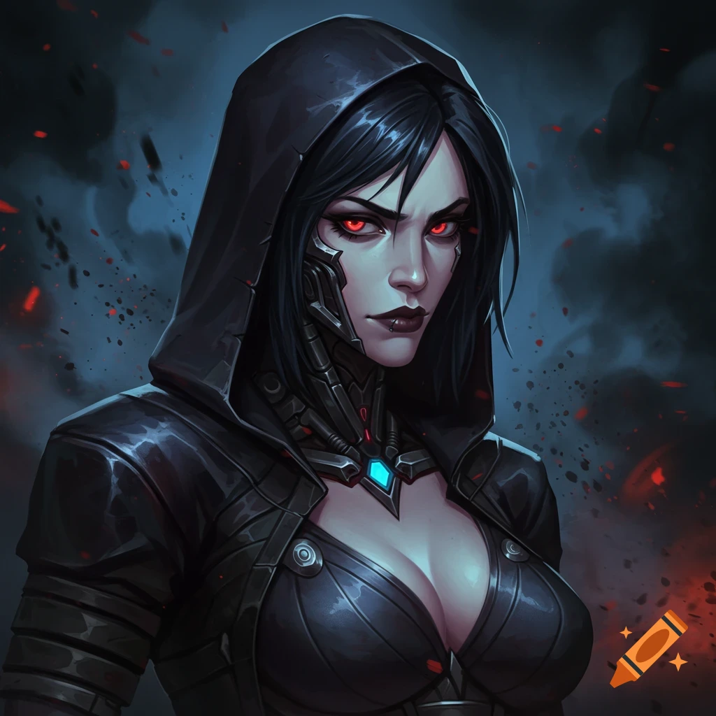 A character portrait featuring a woman with striking red eyes and cybernetic enhancements, dressed in a black hooded outfit.