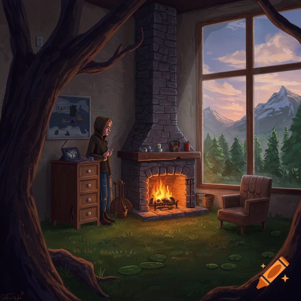 A person looking at a phone by a fireplace, with a large window overlooking a mountain landscape.