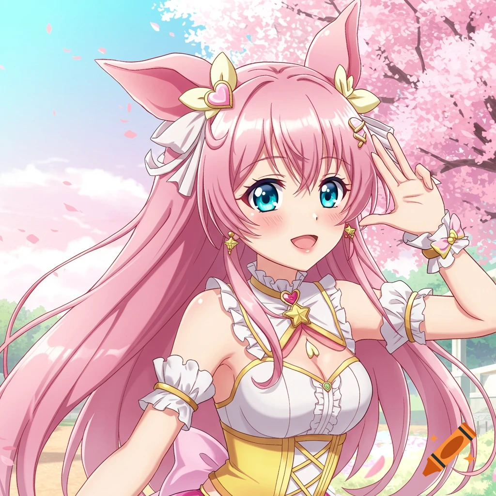 Anime illustration of a pink-haired girl with animal ears in a frilly outfit under a cherry blossom tree.