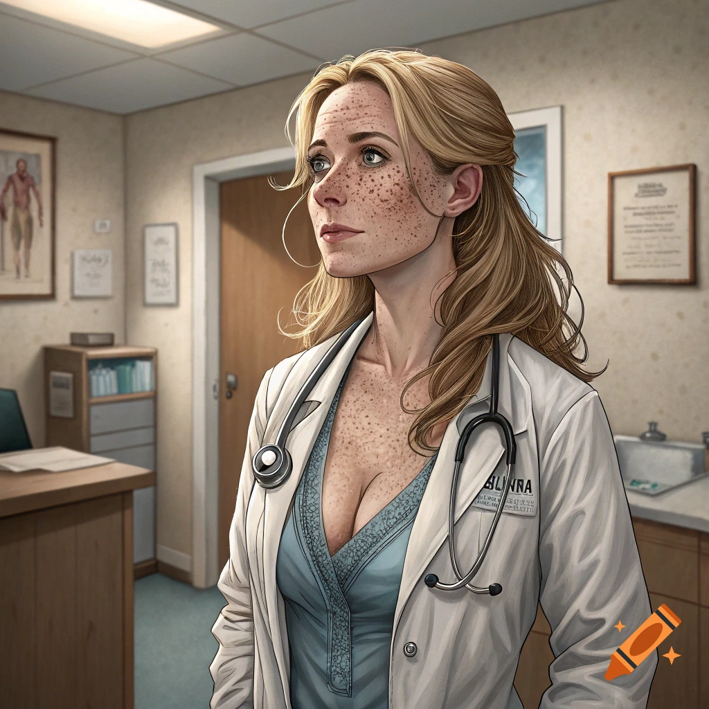 Portrait of a woman doctor with freckles in a medical office, wearing a lab coat and stethoscope.