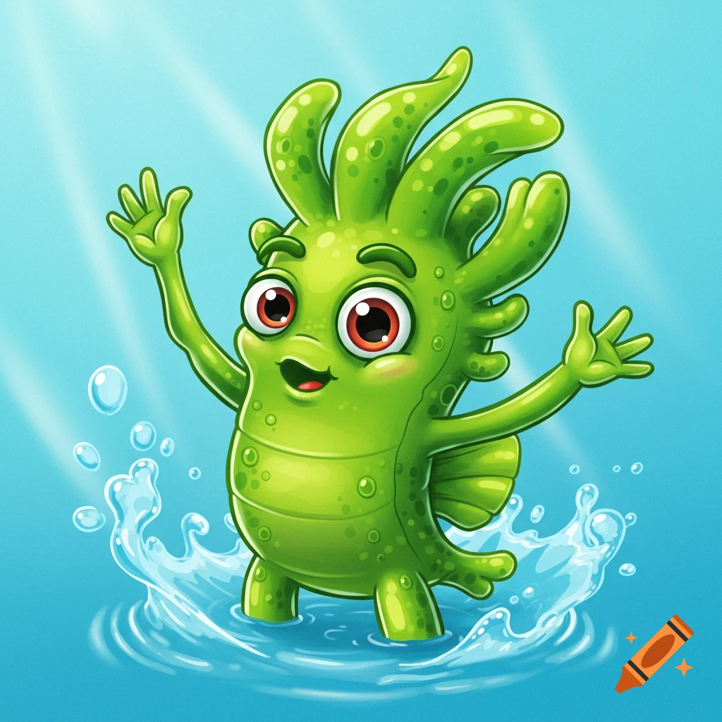 A cute cartoon green seaweed creature stands in blue water, smiling and waving with both hands as water splashes around it. Digital illustration.