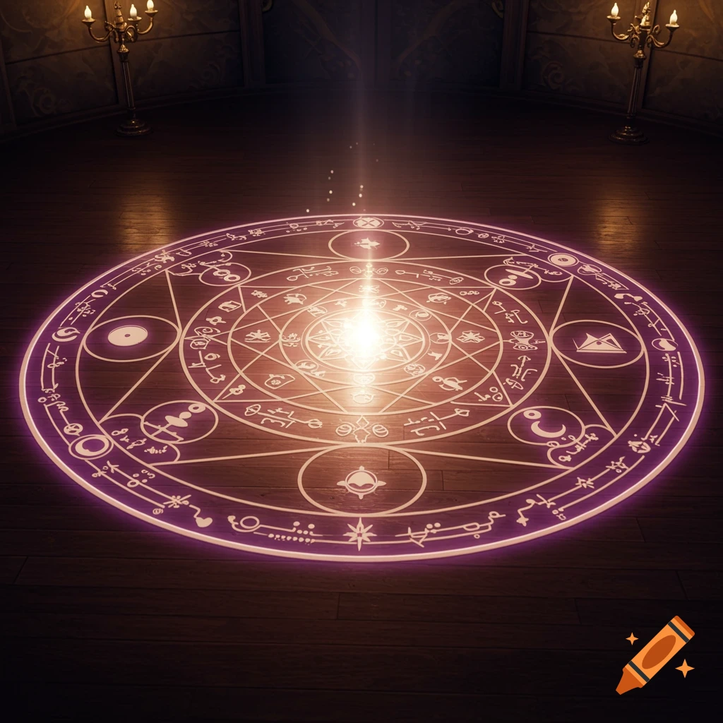 A vibrant, glowing summoning circle is depicted on a dark polished wooden floor in a large, dark room, illuminated by candlelight.