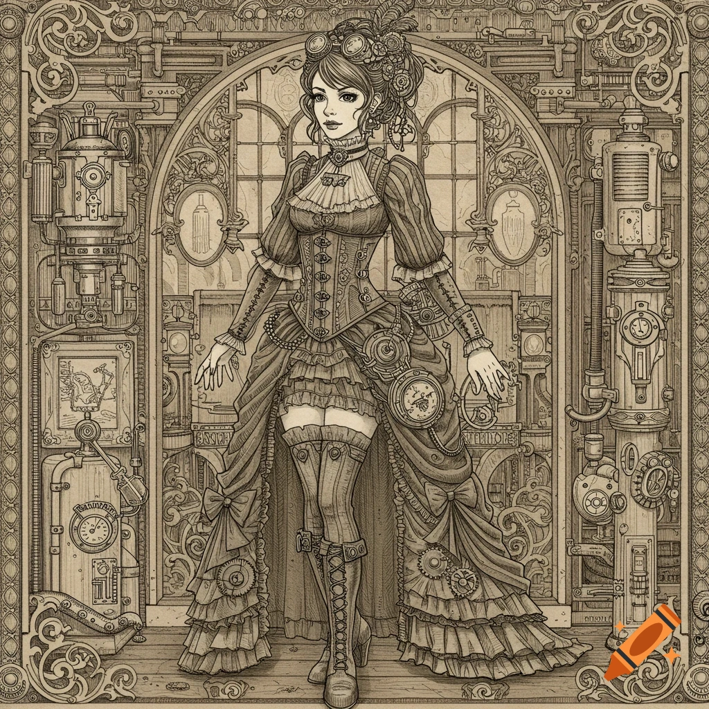 Detailed steampunk drawing of a woman in Victorian-era attire standing amidst intricate machinery.