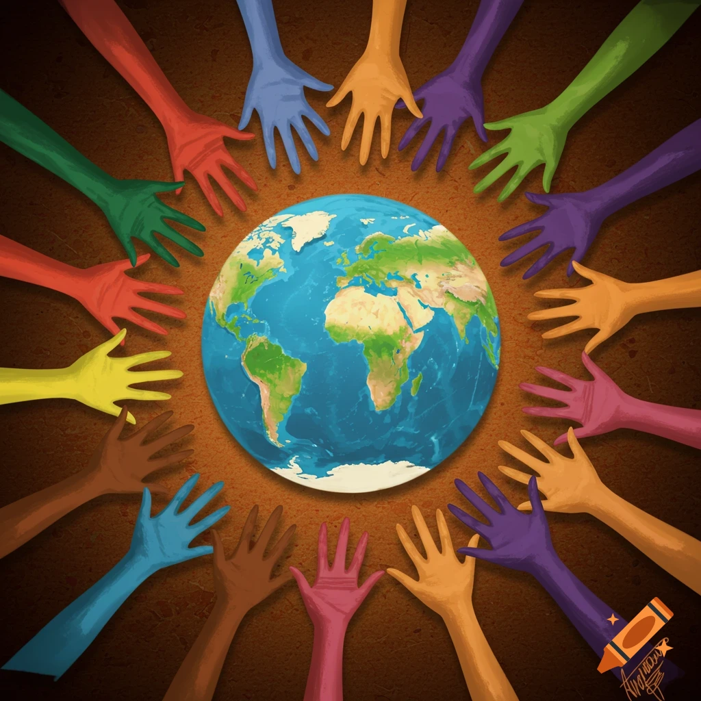 Colorful hands reaching towards a globe.