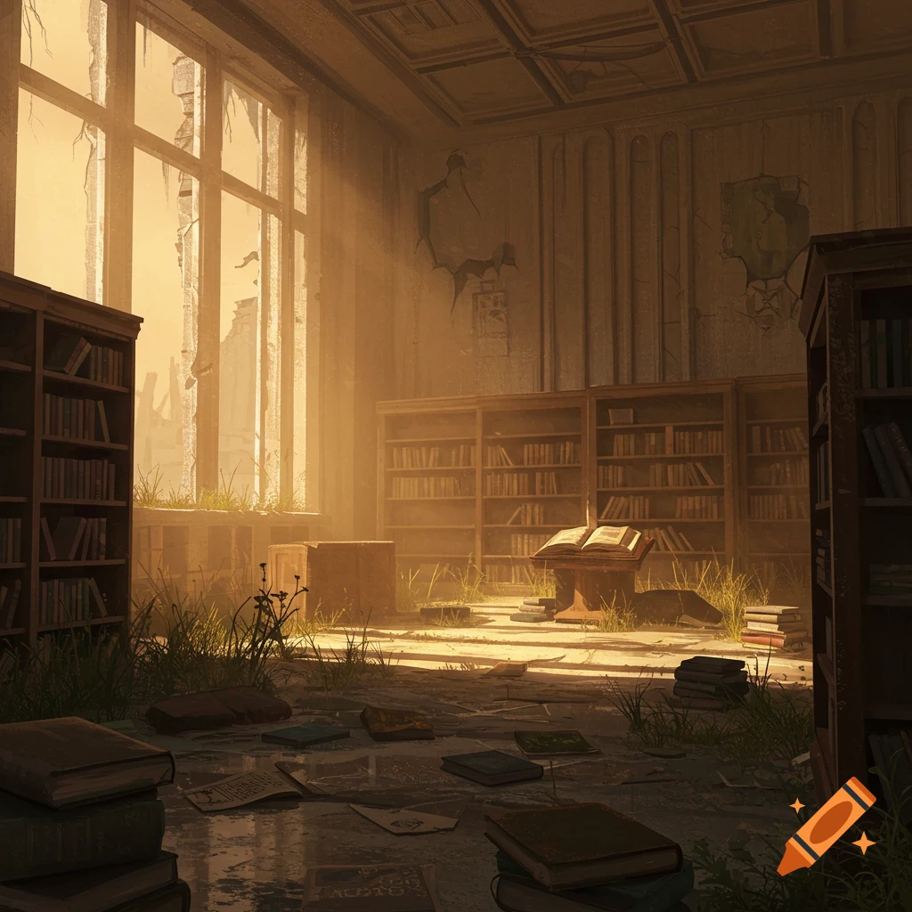 A desolate, ruined library with sunlight streaming through a broken window, overgrown with plants.