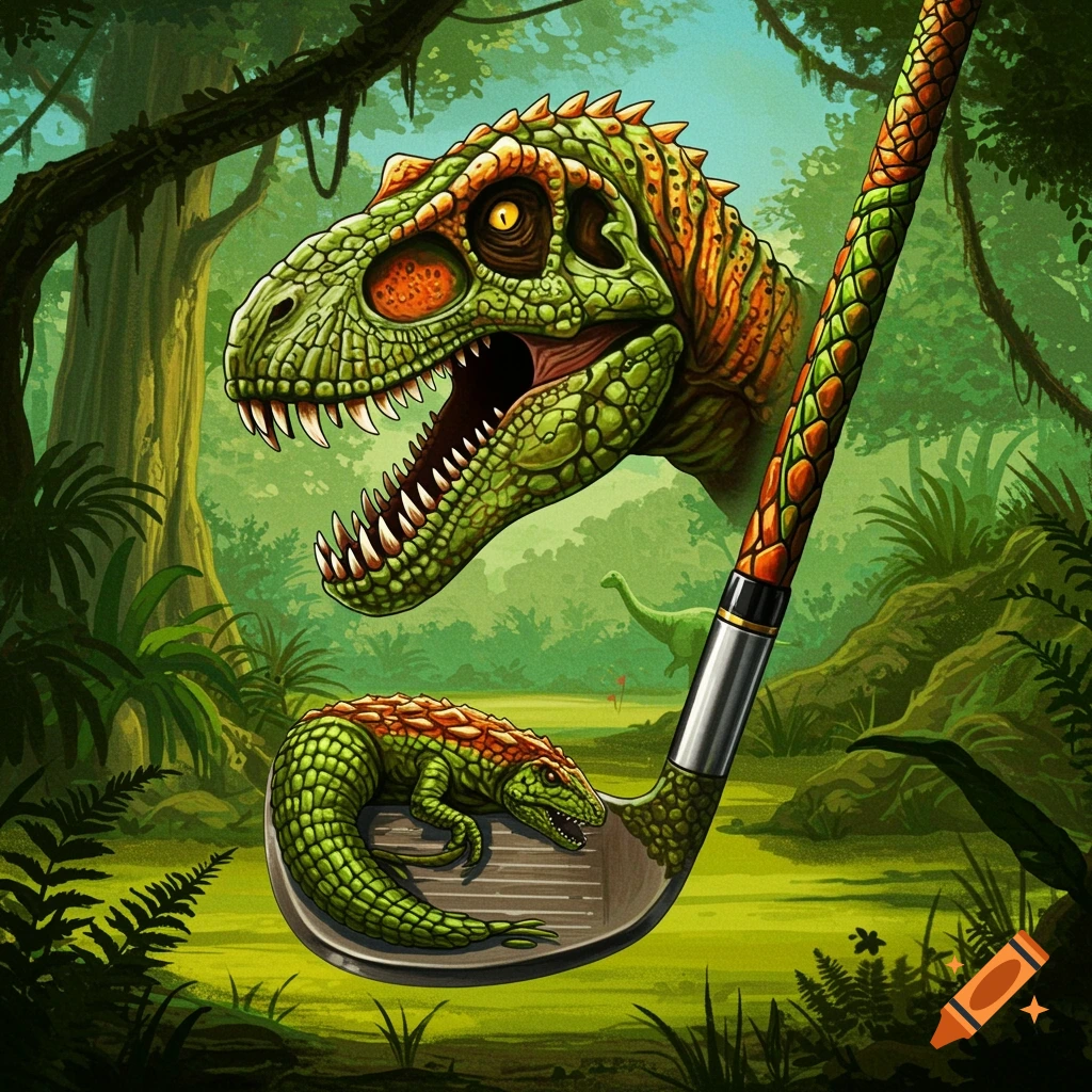 Vibrant illustration of a dinosaur head and a small lizard integrated into a golf club against a prehistoric jungle background.