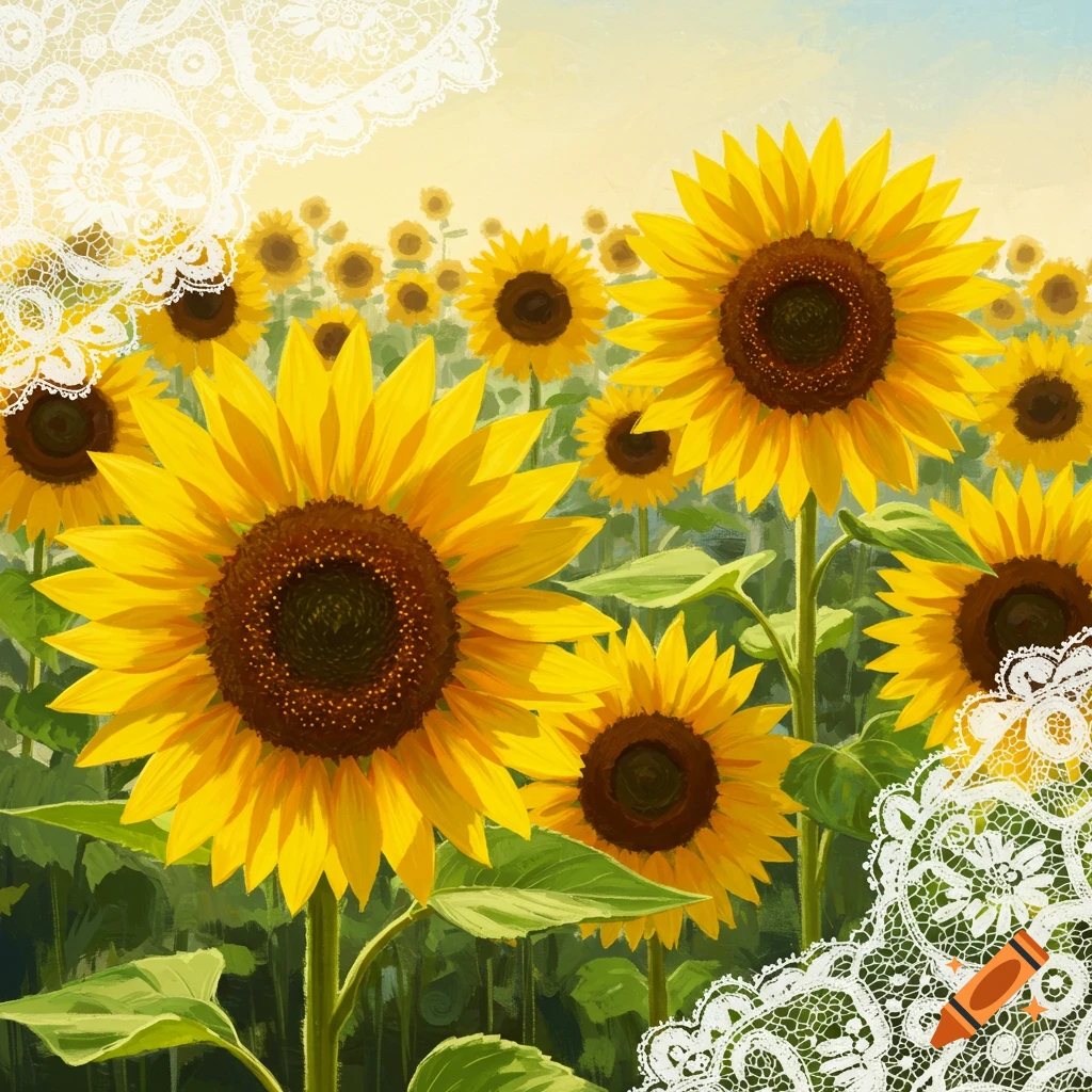A field of sunflowers with lace borders.