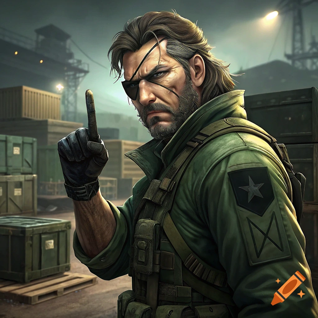 Realistic digital art of a soldier with an eye patch and beard, wearing military gear, pointing his finger up in a base with crates.