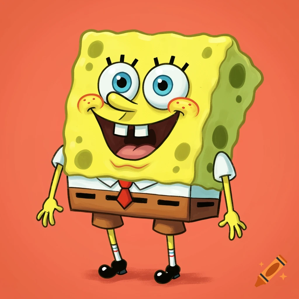 Cartoon illustration of SpongeBob SquarePants smiling against an orange background.