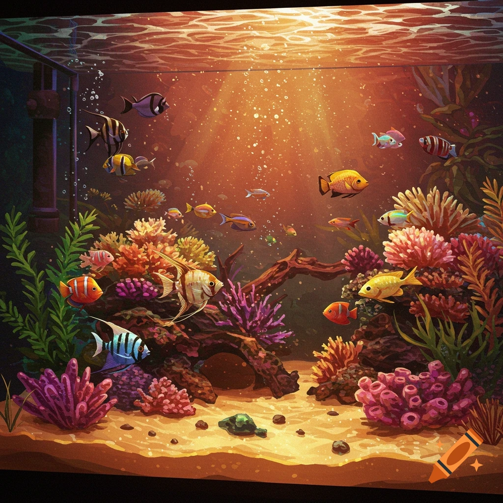 A vibrant aquarium with colorful tropical fish, coral, plants, and sunlight streaming from above.