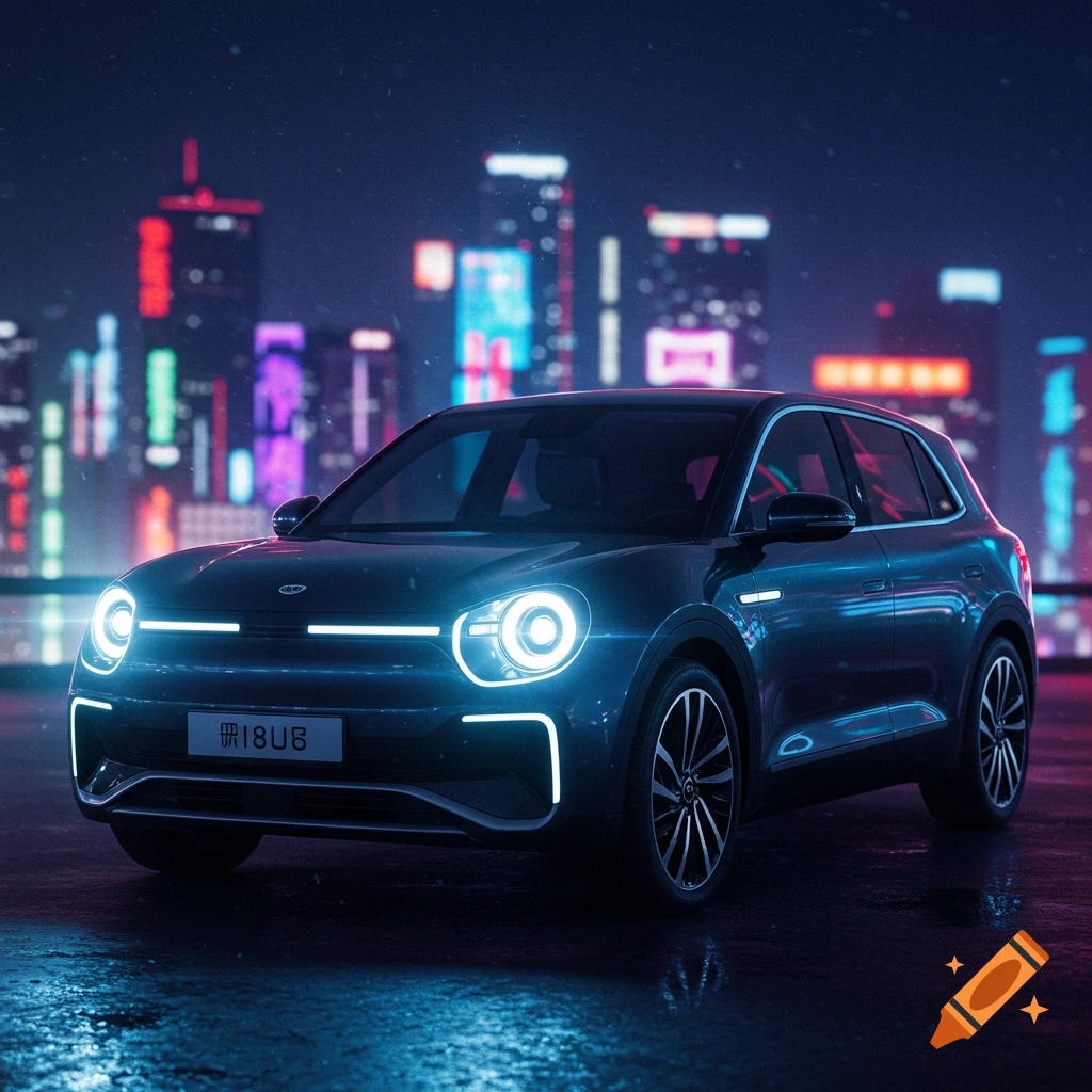 A dark car with bright glowing lights in a futuristic city at night.