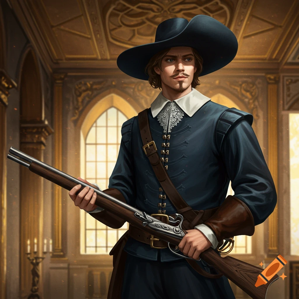 A musketeer in a large hat and blue coat holding a rifle in a grand room.