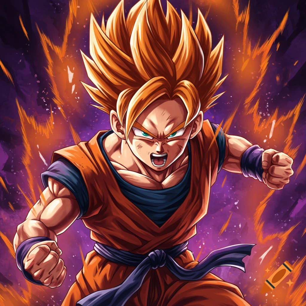 An anime character with spiky orange hair in an orange gi powering up amidst an orange energy aura.