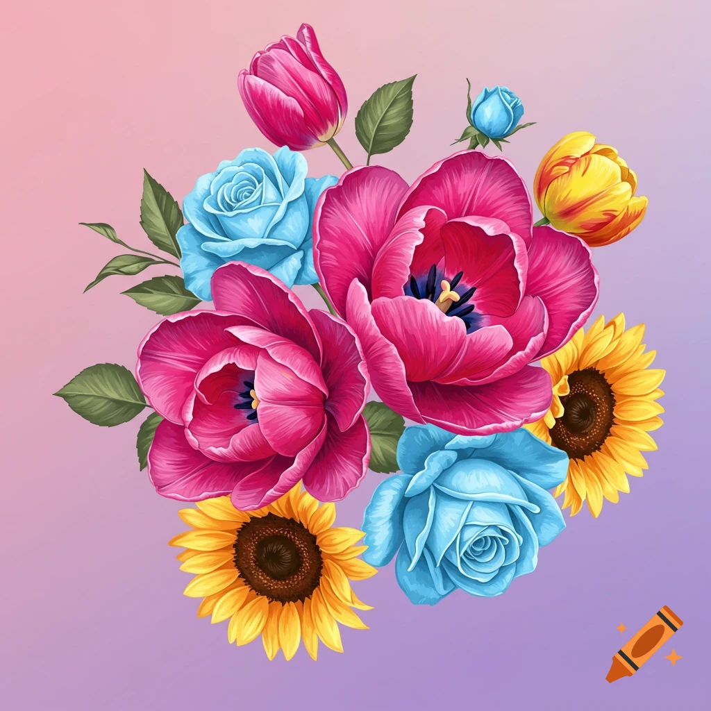 A bouquet of pink tulips, blue roses, and yellow sunflowers.
