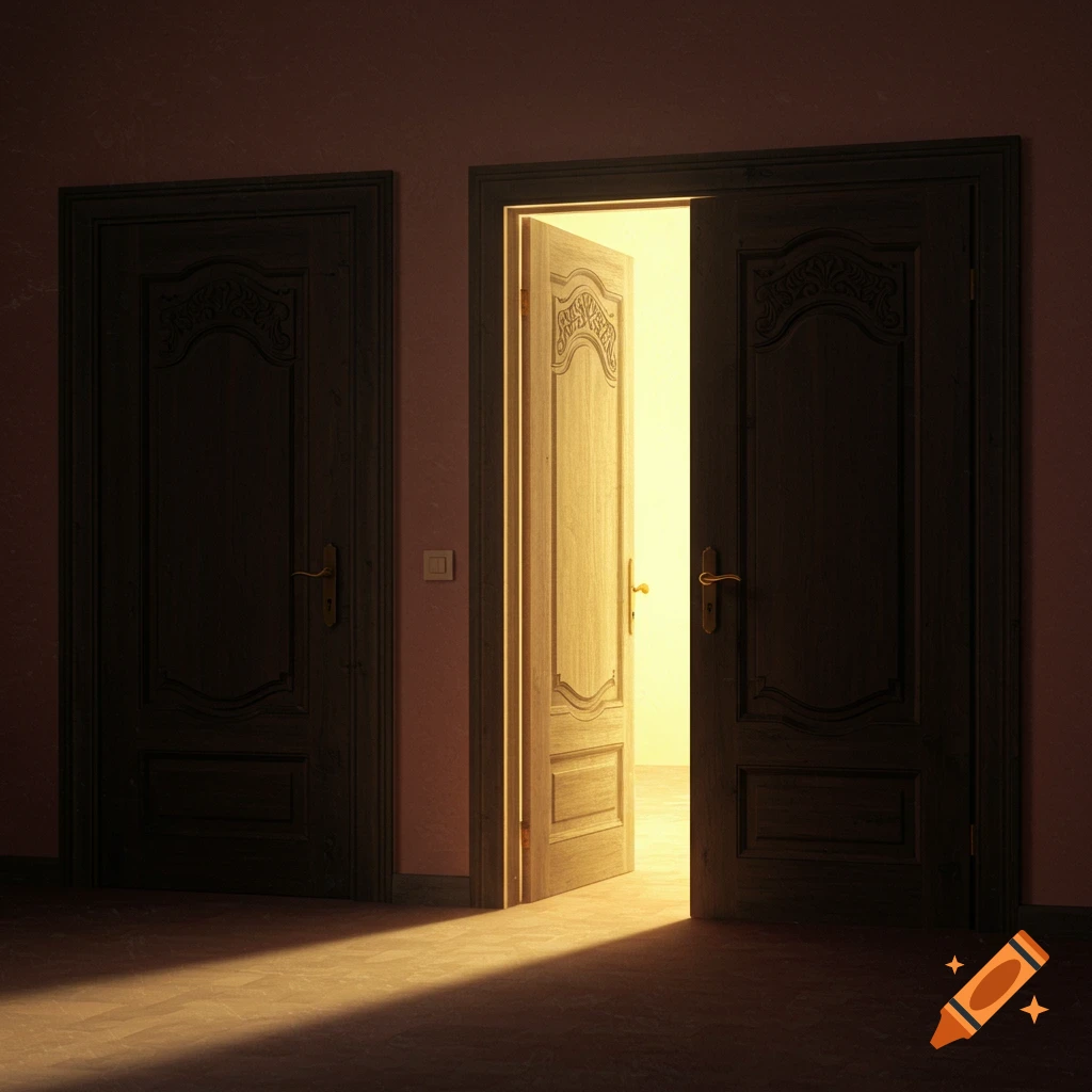 Three doors in a room, one open with bright light streaming in, casting a shadow.