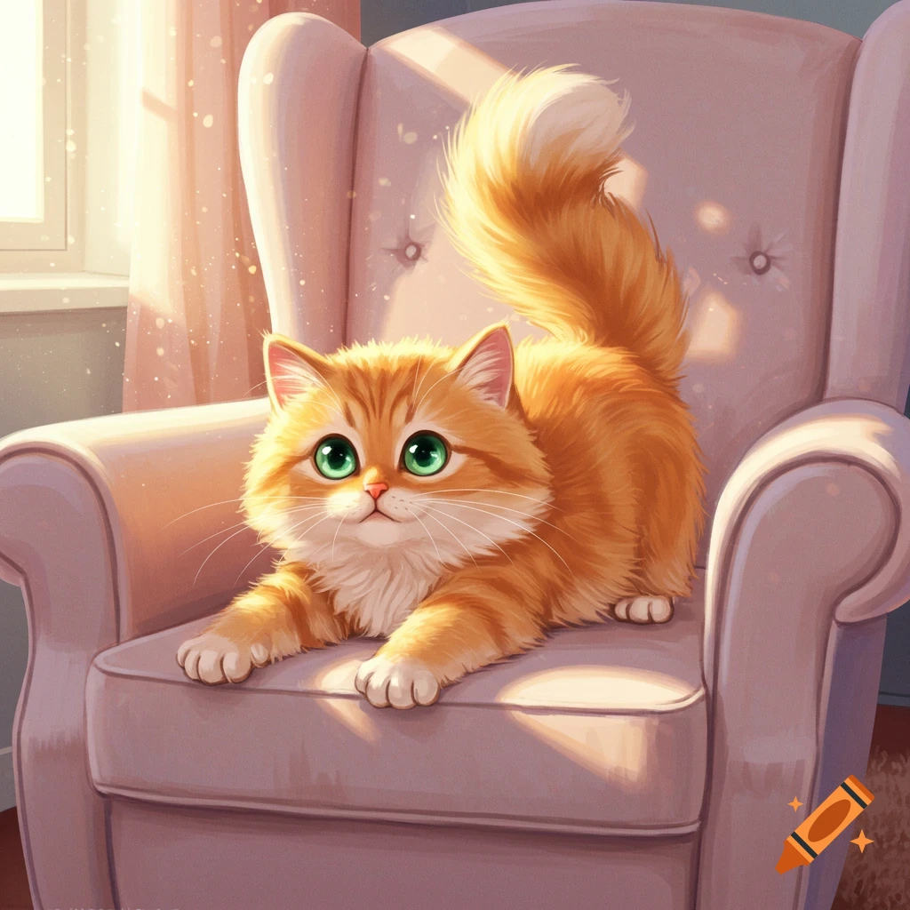 A fluffy orange cat with big green eyes sits on a pink armchair in a sunbeam.