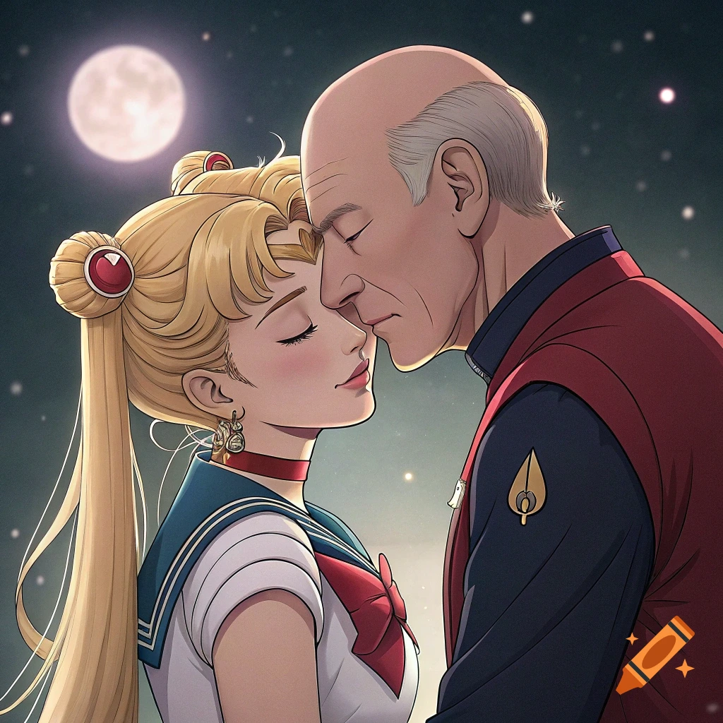 Anime illustration of Usagi Tsukino and Jean-Luc Picard in a tender embrace under a starry sky.