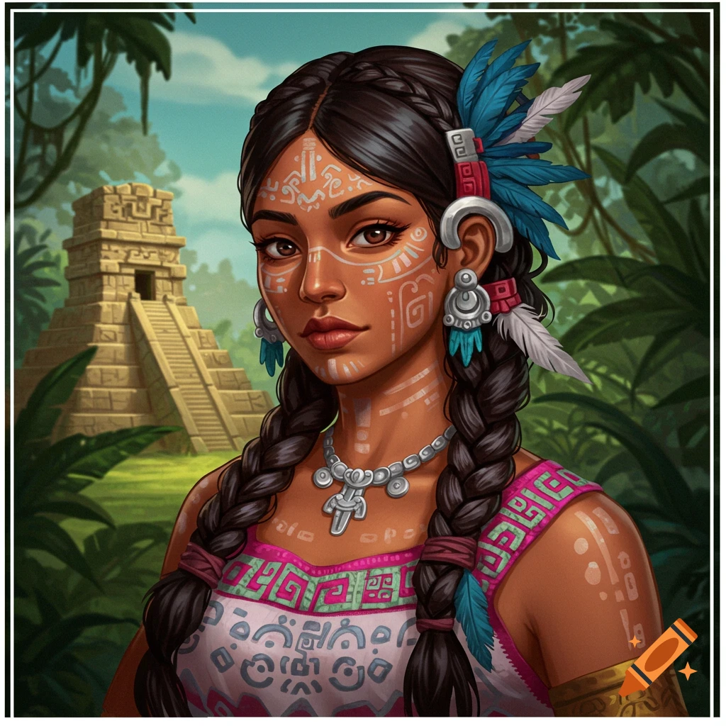 A woman with face paint is in a jungle setting with a pyramid.