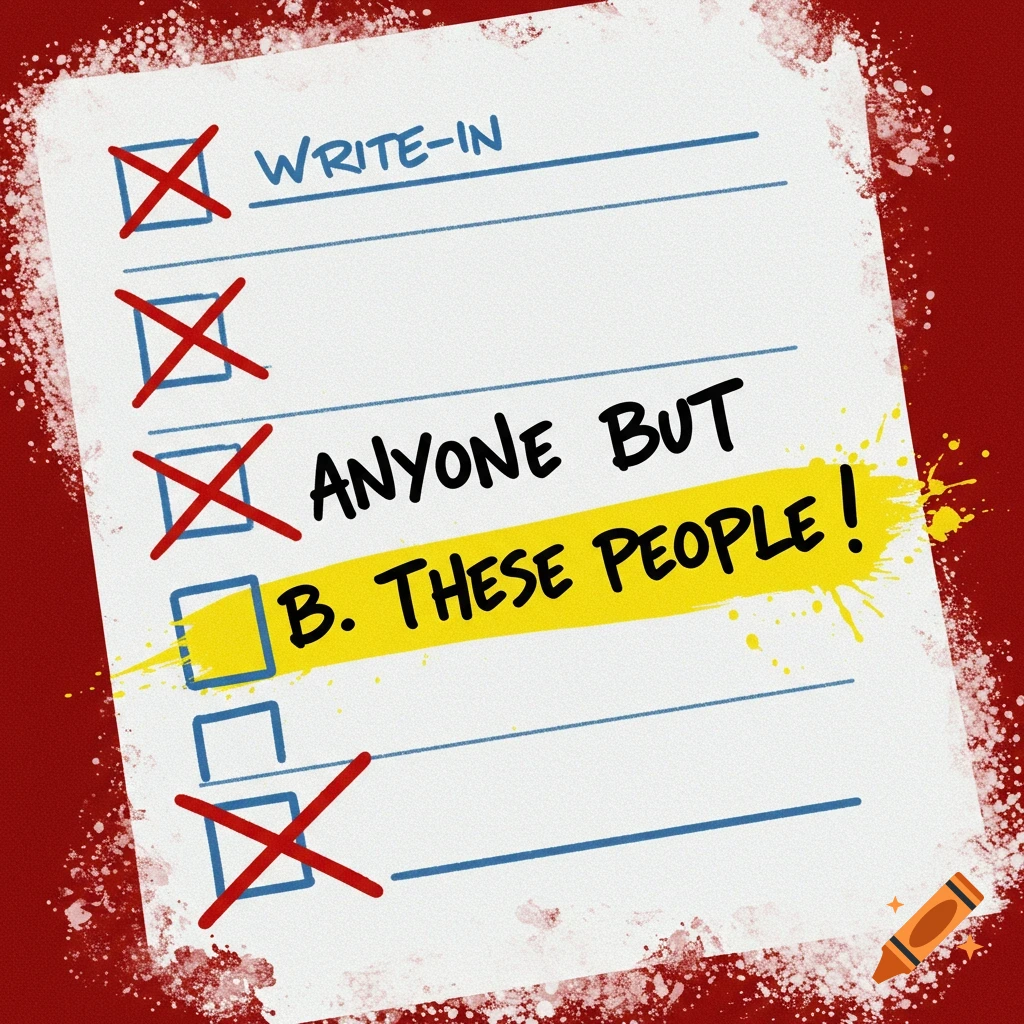 A checklist with checked boxes and text reading 'WRITE-IN' and 'ANYONE BUT B. THESE PEOPLE!'