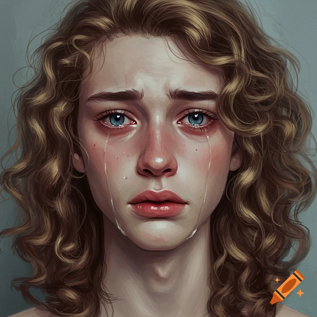 A young person with curly hair is crying.