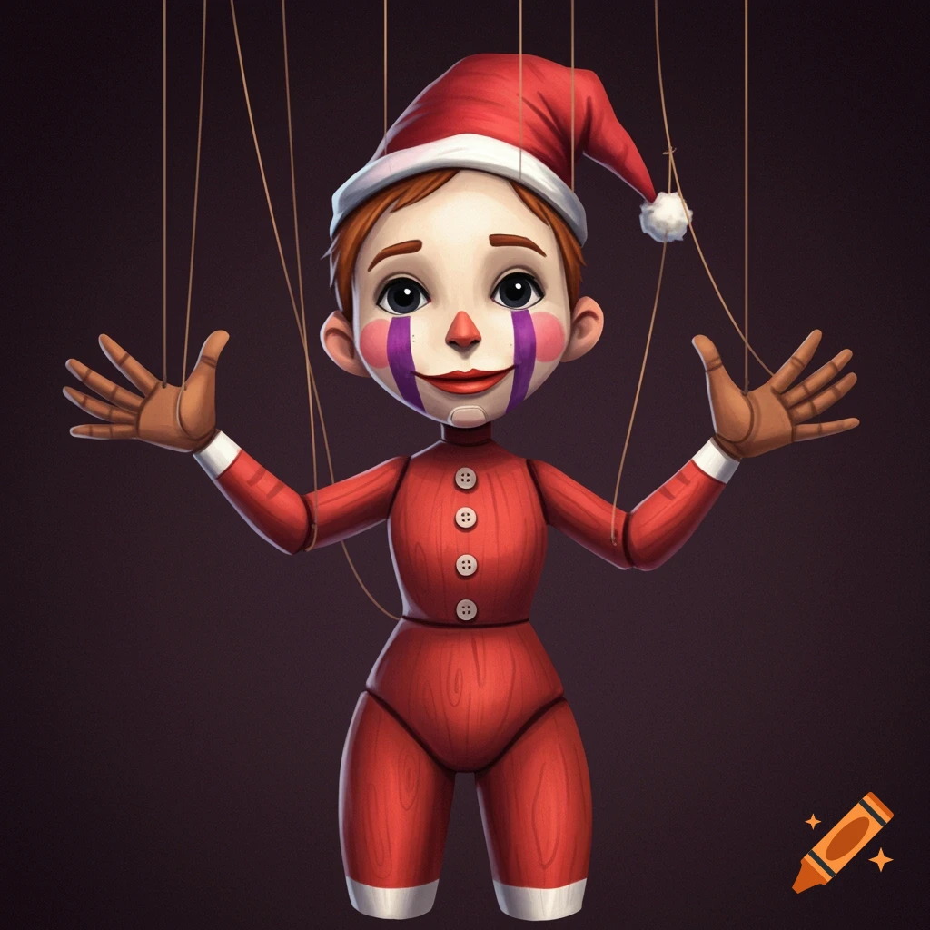 A wooden marionette in a red outfit and Santa hat with strings attached.