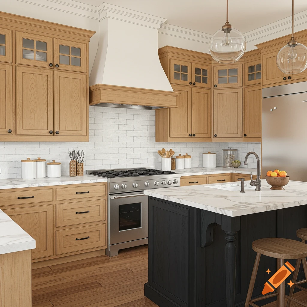 A kitchen with honey oak cabinets, white marble countertops, a black island, and white brick backsplash.