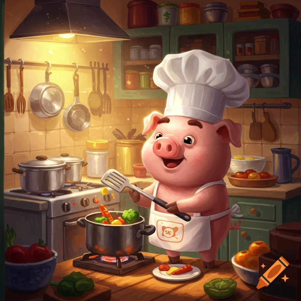 Cartoon pig in a chef hat cooking in a kitchen