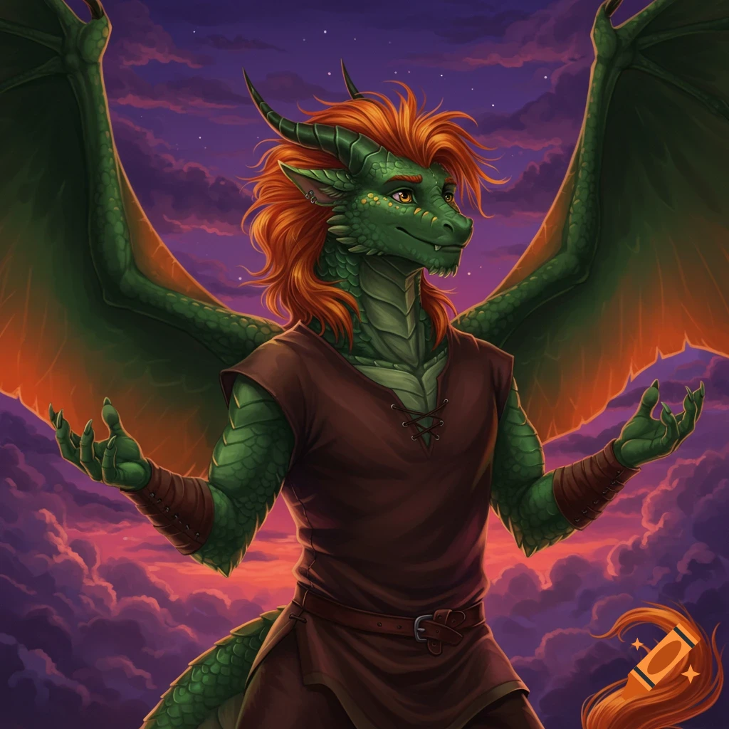 A green anthro dragon male with orange hair and large wings stands against a dramatic purple and orange cloudy sky.