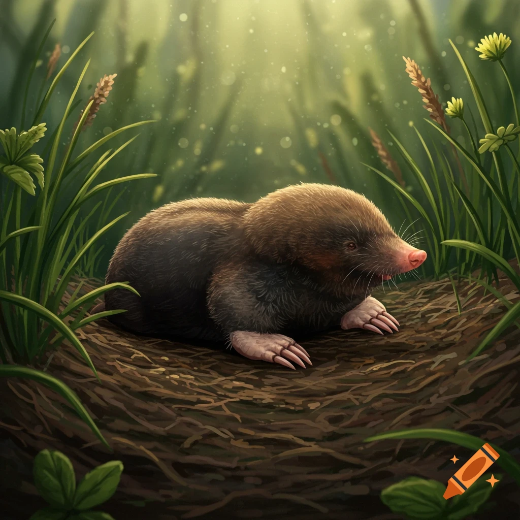 A mole sits in dirt surrounded by tall grass and sunlight.